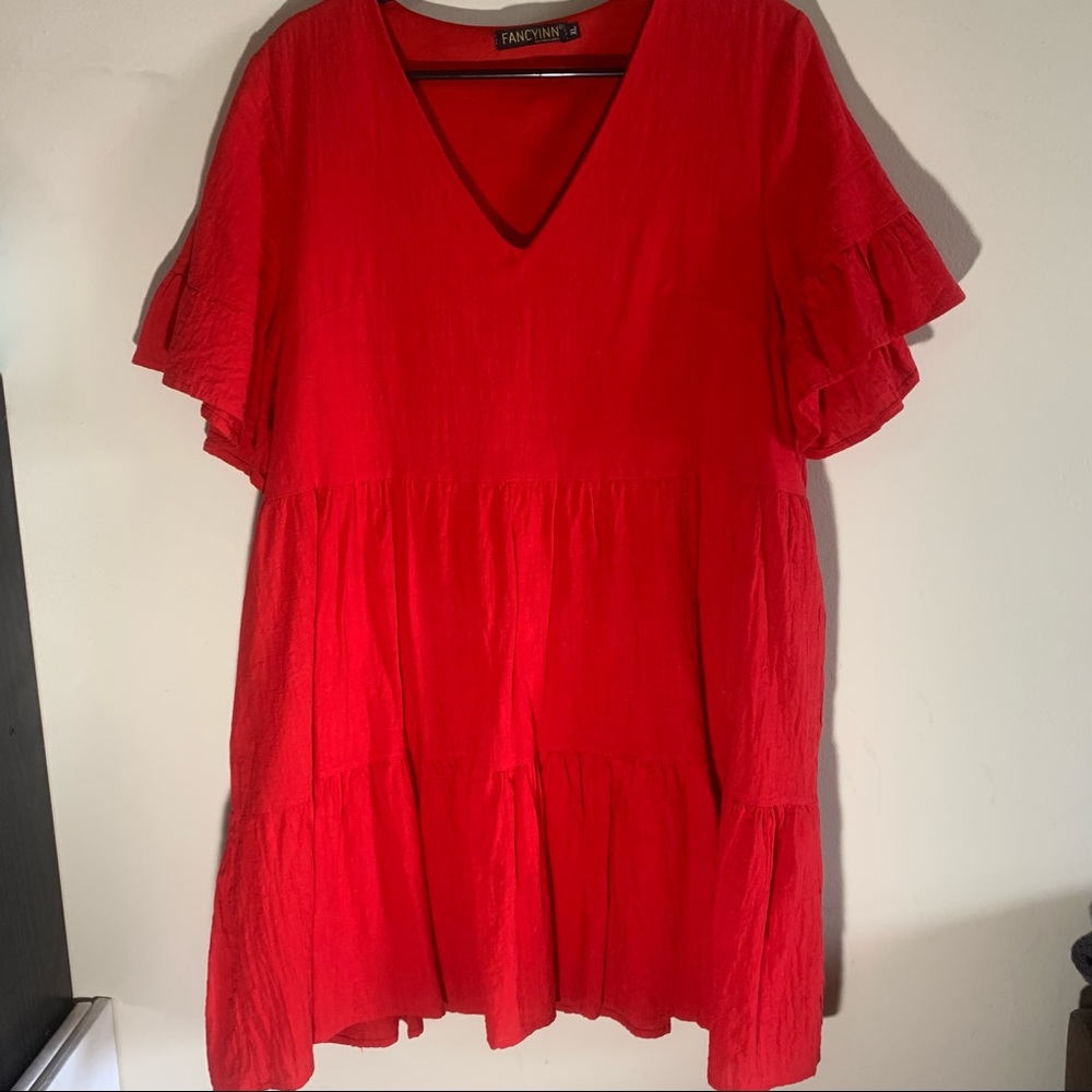 Red Flowey Peplum Sleeve Midi Dress WITH POCKETS